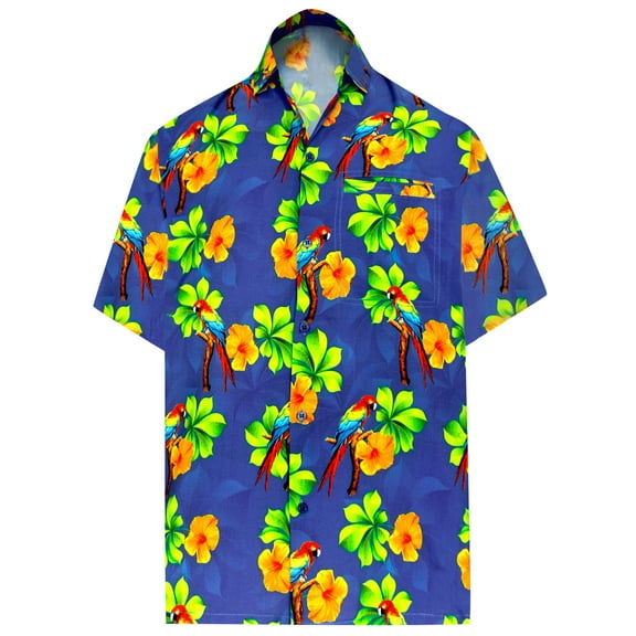 HAPPY BAY Men's Hawaiian Shirts Short Sleeve Button Down Shirt Mens Summer Shirts Casual Beach Vacation Hawaii Island Shirts for Men Funny L Flower Parrot, Blue