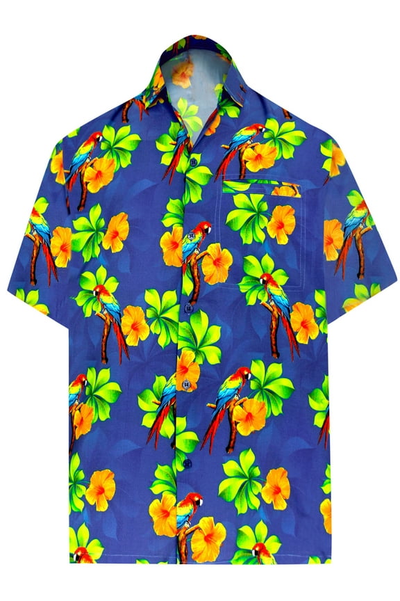 Men's Hawaiian Shirts Short Sleeve Button Down Shirt Mens Summer Shirts Casual Beach Vacation Hawaii Island Shirts for Men Funny L Flower Parrot, Blue