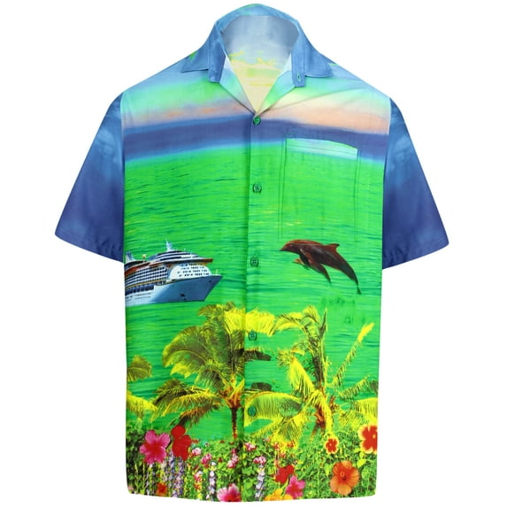 HAPPY BAY Men's Hawaiian Shirts Short Sleeve Button Down Shirt Mens Summer Shirts Casual Beach Vacation Hawaii Island Shirts for Men Funny M Dolphin Sea, Blue