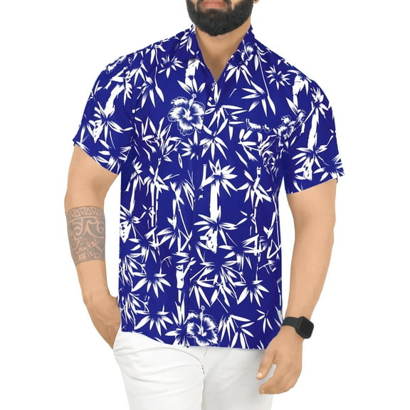 HAPPY BAY Men's Hawaiian Shirts Short Sleeve Button Down Shirt Mens Summer Shirts Casual Beach Vacation Hawaii Island Shirts for Men Funny S Leaves, Blue