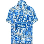 HAPPY BAY Men's Hawaiian Shirts Short Sleeve Button Down Shirt Mens Summer Shirts Casual Beach Vacation Hawaii Island Shirts for Men Funny XL Sea Collage, Bright Blue