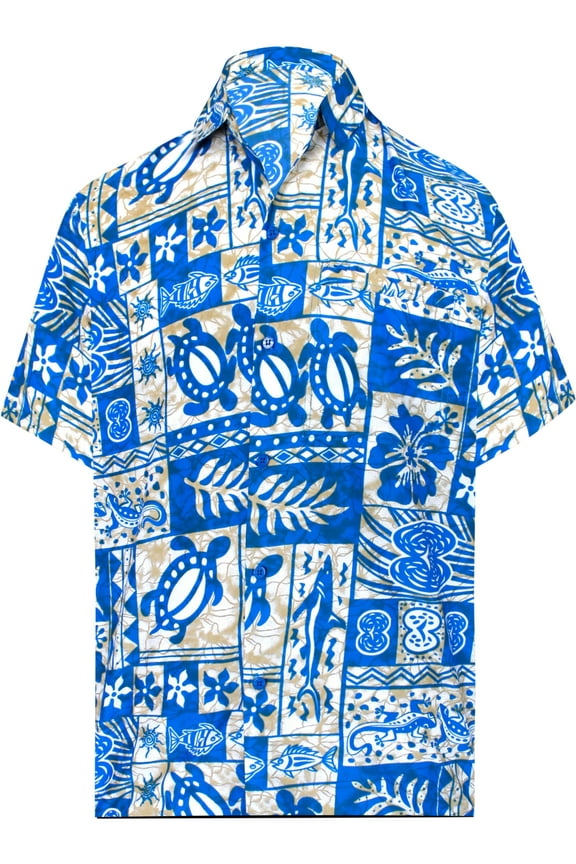 Men's Hawaiian Shirts Short Sleeve Button Down Shirt Mens Summer Shirts Casual Beach Vacation Hawaii Island Shirts for Men Funny XL Sea Collage, Bright Blue