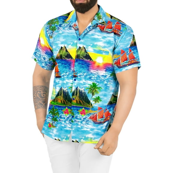 HAPPY BAY Men's Hawaiian Shirts Short Sleeve Button Down Shirt Mens Summer Shirts Casual Vacation Hawaii Island Shirts for Men Funny M Beach Sunset, Blue