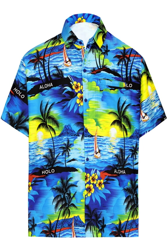 Men's Hawaiian Shirts Short Sleeve Button Down Shirt Mens Tropical Shirts Casual Holiday Summer Party Caribbean Shirts for Men Funny 3XL Beach, Blue
