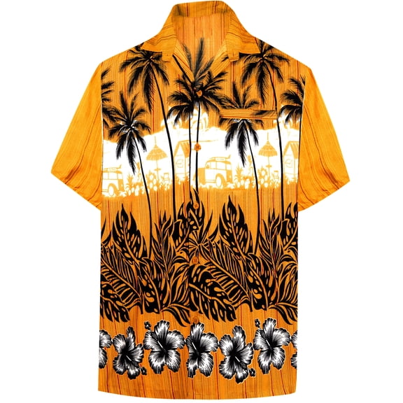 HAPPY BAY Men's Hawaiian Shirts Short Sleeve Button Down Shirt Mens Tropical Shirts Casual Holiday Summer Party Caribbean Shirts for Men Funny M Dark Bushy, Gold