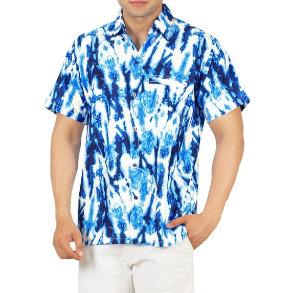 HAPPY BAY Men's Hawaiian Shirts Short Sleeve Button Down Shirt Mens Tropical Shirts Casual Vacation Summer Party Caribbean Shirts for Men Funny L Leaves, Blue
