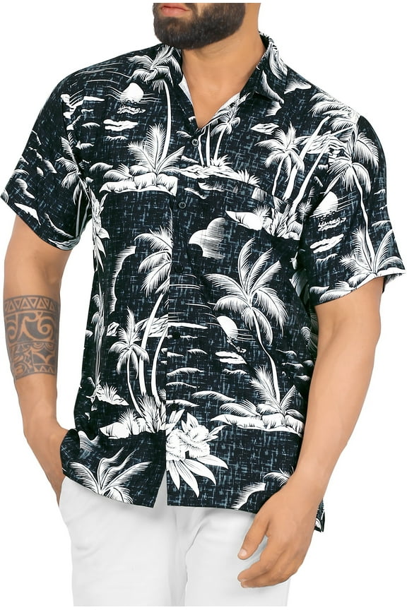 Men's Hawaiian Shirts Short Sleeve Button Down Shirt Mens Tropical Shirts Casual Vacation Summer Party Caribbean Shirts for Men Funny M Palm Sea Shore, Black