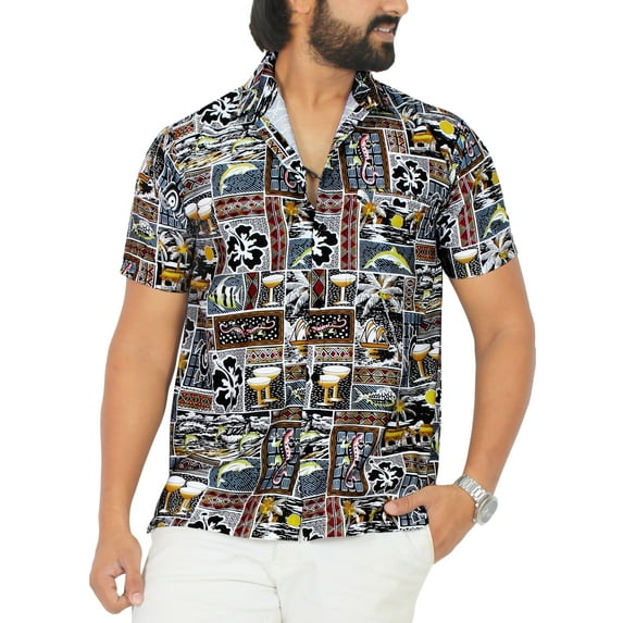 HAPPY BAY Men's Hawaiian Shirts Short Sleeve Button Down Shirt Mens Tropical Shirts Casual Vacation Summer Party Caribbean Shirts for Men Funny XL Water Animal Collage, Black