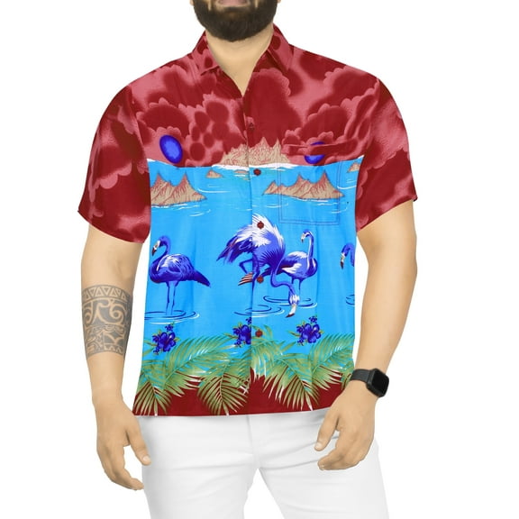 HAPPY BAY Men's Hawaiian Shirts Short Sleeve Button Down Shirt Mens Tropical Shirts Casual Vacation Summer Party Caribbean Shirts for Men Funny XS Blue Flamingo, Turquoise For Dad