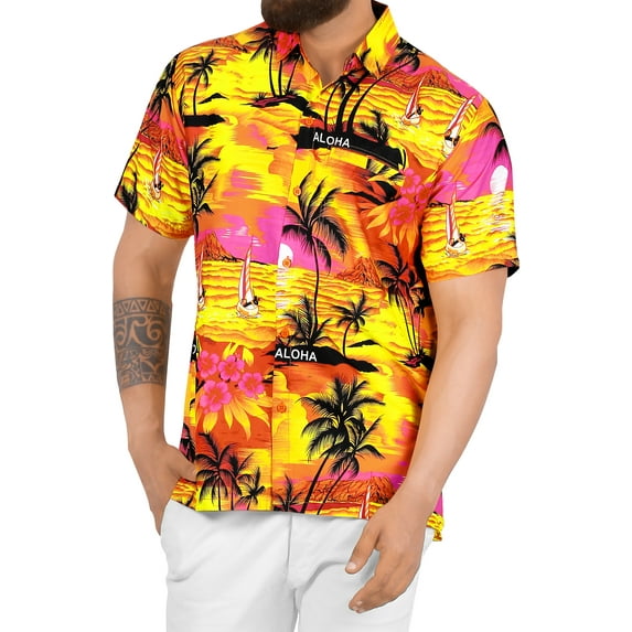 HAPPY BAY Men's Hawaiian Shirts Short Sleeve Button Down Shirt Mens Tropical Shirts Casual Vacation Summer Party Caribbean Shirts for Men Funny XXL Island View, Orange