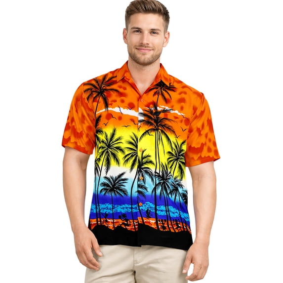 HAPPY BAY Men's Hawaiian Shirts Short Sleeve Button Down Shirt Mens Tropical Shirts Casual Vacation Summer Party Caribbean Shirts for Men Funny XXL Island View, Orange
