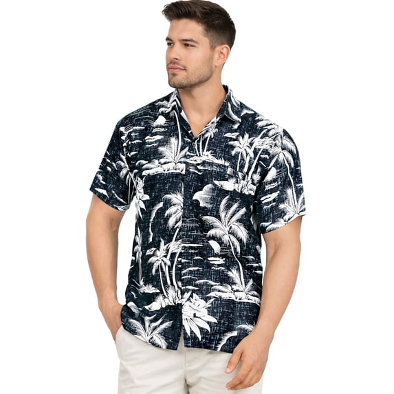 HAPPY BAY Men's Hawaiian Shirts Short Sleeve Button Down Shirt Mens Vacation Shirts Summer Beach Casual Tropical Shirts for Men Funny 3XL Palm Sea Shore, Black