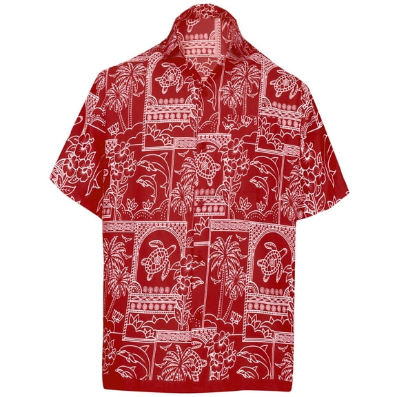 HAPPY BAY Men's Hawaiian Shirts Short Sleeve Button Down Shirt Mens Vacation Shirts Summer Beach Casual Tropical Shirts for Men Funny S Island Collage Print, Red