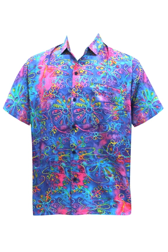 Men's Hawaiian Shirts Tropical Floral Beach Shirts Casual Short Sleeve Button Down Collared Shirt Men L Neon Flowers, Multicoloured