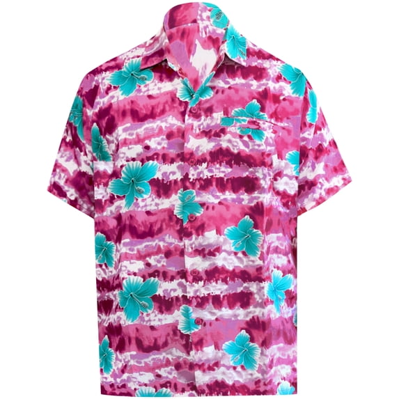HAPPY BAY Men's Hawaiian Shirts Tropical Floral Beach Shirts Casual Short Sleeve Button Down Collared Shirt Men XXL Flower Stripes, Pink