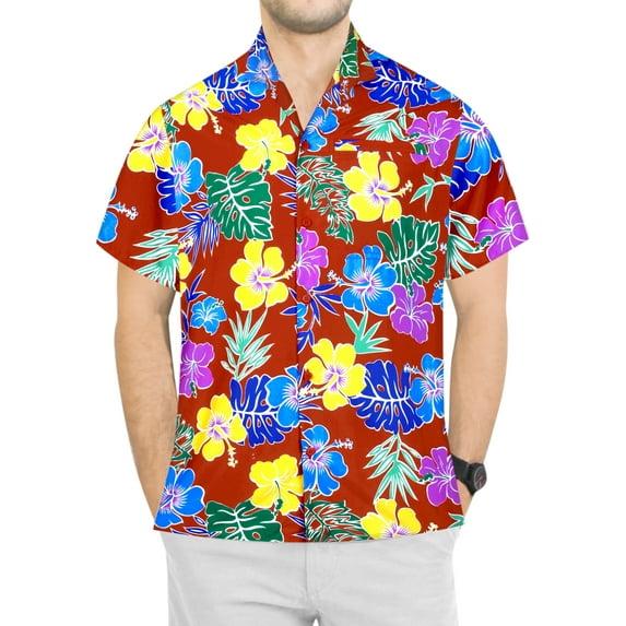 HAPPY BAY Men's Hawaiian Shirts Tropical Floral Beach Shirts Casual Short Sleeve Button Up Shirt Men 3XL Flower Monstera, Red