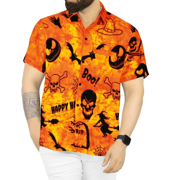 HAPPY BAY Men's Hawaiian Short Sleeve Beach Caribbean Cruise Shirt Vacation Halloween Costumes Button Up Shirts for Men L Scary Skull Spooky Orange