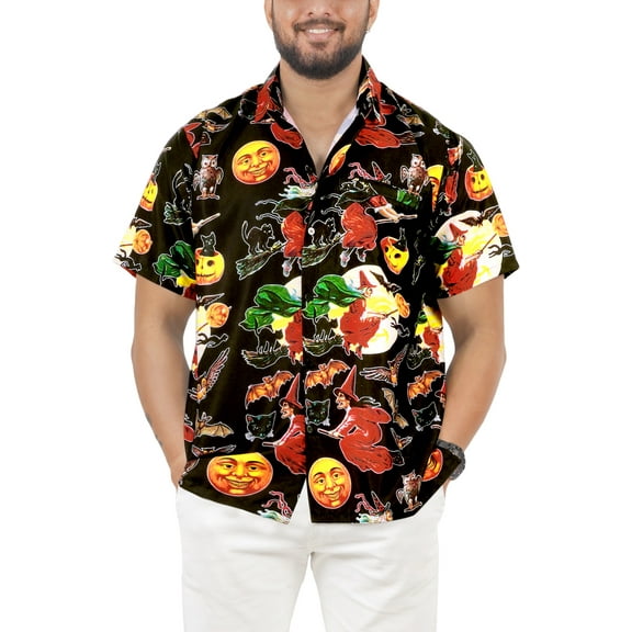 HAPPY BAY Men's Hawaiian Short Sleeve Button Down Summer Caribbean Shirt Vacation Halloween Costumes Party Shirts for Men M Scary Theme Spooky Black