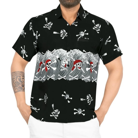 HAPPY BAY Men's Hawaiian Short Sleeve Button Up Beach Caribbean Shirt Fashion Halloween Costumes Cruise Shirts for Men XL Skull Crossbones Black