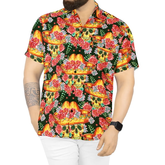 HAPPY BAY Men's Hawaiian Short Sleeve Summer Caribbean Party Shirt Fashion Halloween Costumes Button Down Shirts for Men 4XL Hippie Skulls Black