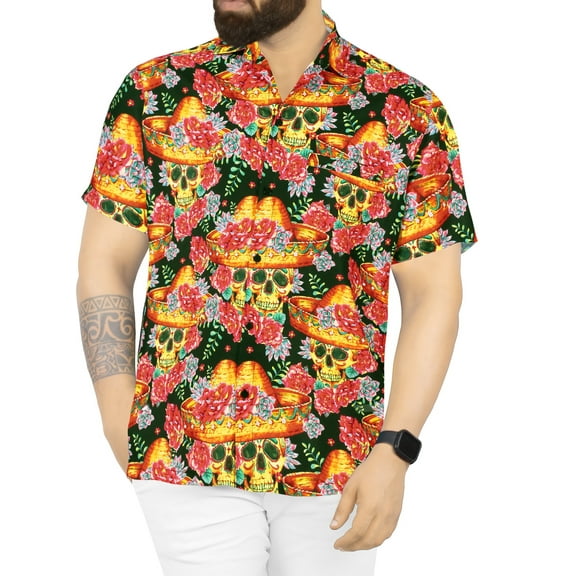 HAPPY BAY Men's Hawaiian Short Sleeve Summer Caribbean Party Shirt Fashion Halloween Costumes Button Down Shirts for Men M Hippie Skulls Black