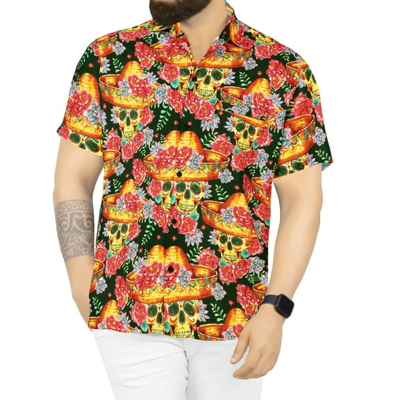 HAPPY BAY Men's Hawaiian Short Sleeve Summer Caribbean Party Shirt Fashion Halloween Costumes Button Down Shirts for Men XXL Hippie Skulls Black