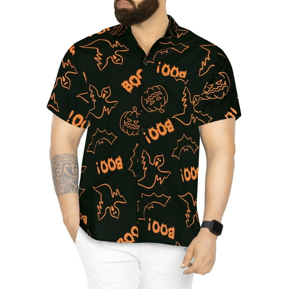 HAPPY BAY Men's Hawaiian Short Sleeve Summer Caribbean Party Shirt Vacation Halloween Costumes Button Down Shirts for Men M Spooky Black Bat Boo Scary Ghost