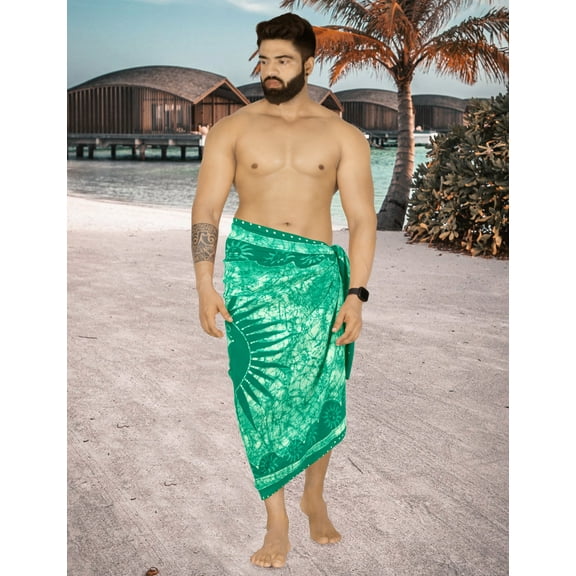 HAPPY BAY Men's Pareo Regular Surfing Dashiki Sarong Long Swim Beach Wrap One Size Sun, Green Summer Vacation Aloha