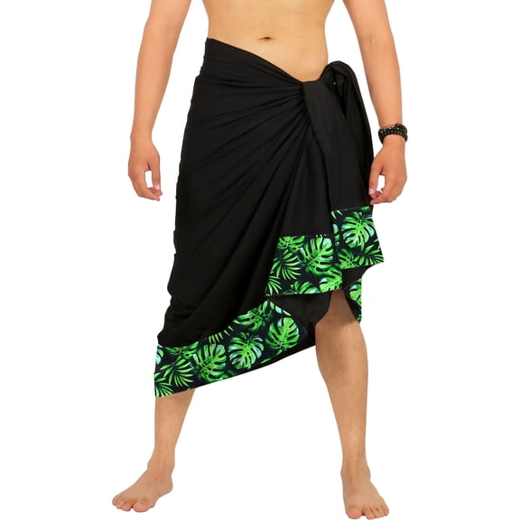 HAPPY BAY Men's Pareo Regular Swimsuits Sarong Long Swim Beach Wrap One Size Leaves, Black Summer Vacation Party