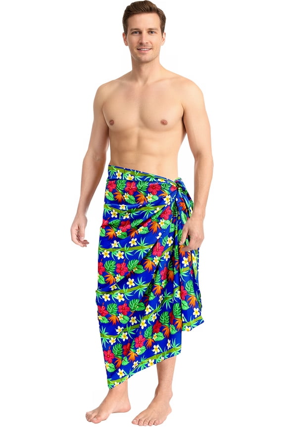 Men's Pareo Standard Party Surf Sarong Beach Wrap One Size Azure, Botanical Summer Vacation Party