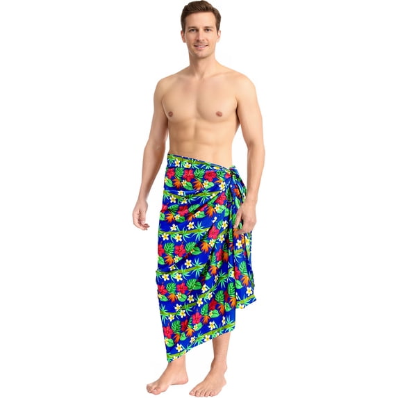 HAPPY BAY Men's Pareo Standard Party Surf Sarong Beach Wrap One Size Azure, Botanical Summer Vacation Party