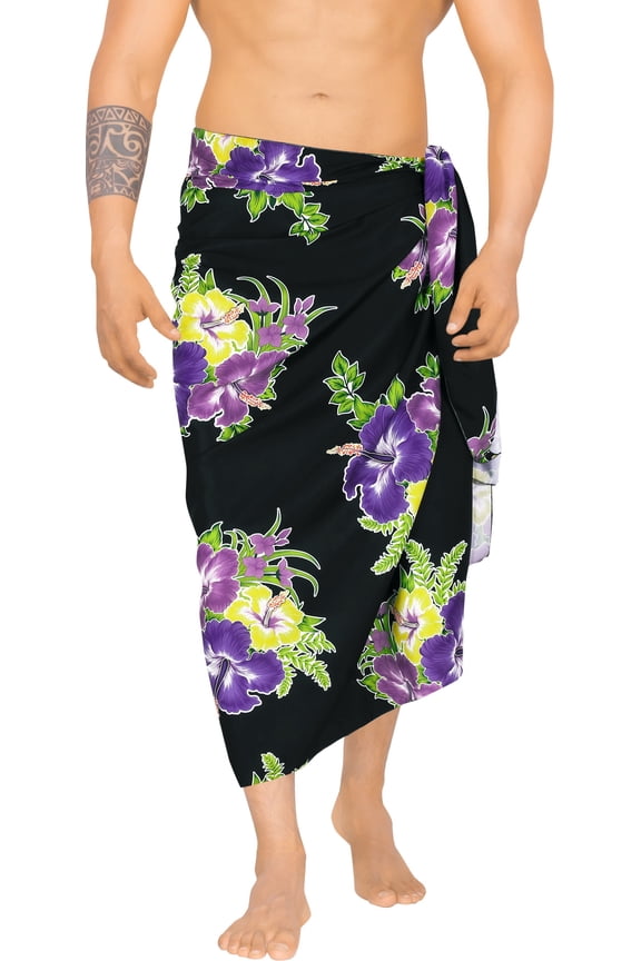 Men's Pareo Standard Party Surf Sarong Beach Wrap One Size Purple, Hibiscus Summer Vacation Party