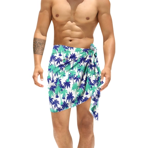 HAPPY BAY Men's Pareo Standard Swimsuits Elegant Holiday Vacation Sarong Swimwear Mini Swim Beach Wrap for Men One Size Allover Palm Trees, Blue Vacation