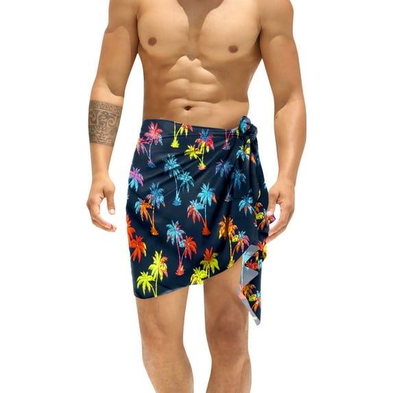 HAPPY BAY Men's Pareo Standard Swimsuits Elegant Holiday Vacation Sarong Swimwear Mini Swim Beach Wrap for Men One Size Colorful Palm Trees, Navy Summer Vacation