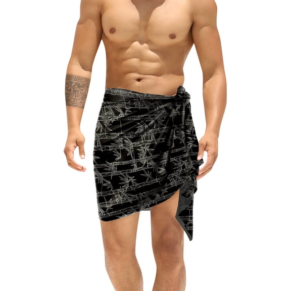 HAPPY BAY Men's Pareo Standard Swimsuits Elegant Holiday Vacation Sarong Swimwear Mini Swim Beach Wrap for Men One Size Palm Leafs, Black Vacation