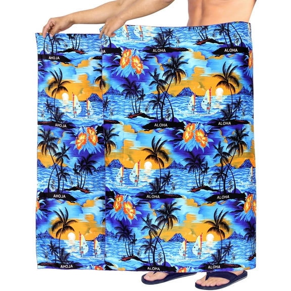 HAPPY BAY Men's Pareo Swim Trunk Holiday Sarong Long Beach Wrap One Size Blue-V920 Summer Vacation Aloha