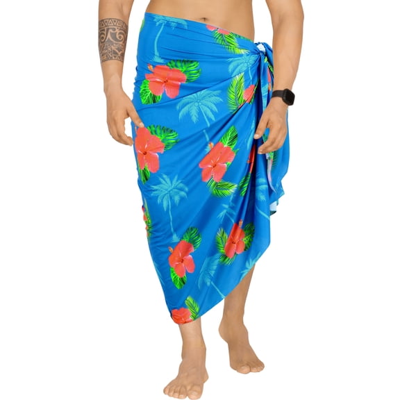 HAPPY BAY Men's Pareo Swim Trunk Surfing Sarong Long Beach Wrap One Size Aqua, Hibiscus Palm Summer Vacation Aloha
