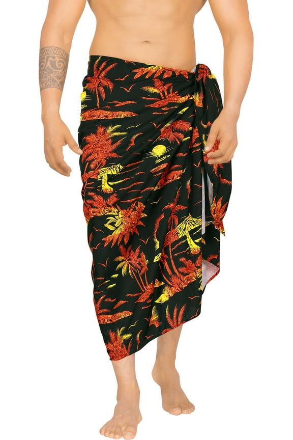 Men's Pareo Swim Trunk Vacation Sarong Beach Wrap One Size Black, Palm Tree Summer Vacation Aloha
