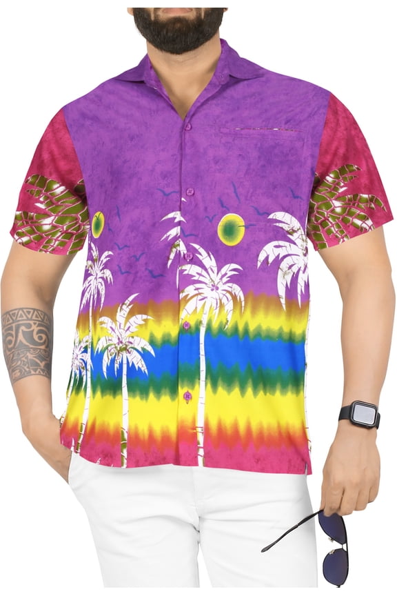 Men's Party Beach Hawaiian Front Pocket Shirts M Purple, Upside Down Palm Summer Vacation Holiday