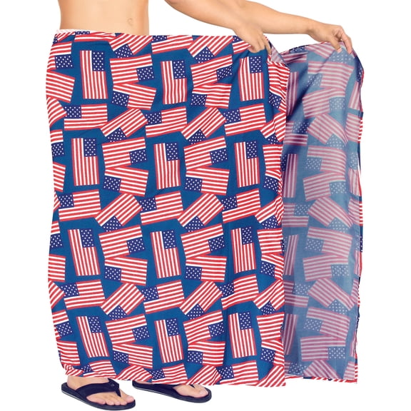 HAPPY BAY Men's Patriotic 4th of July American Flag Swimwear Summer Sarong Swim Trunk Long Pareo Beach Wrap One Size Ruby, Allover USA Flag Vacation