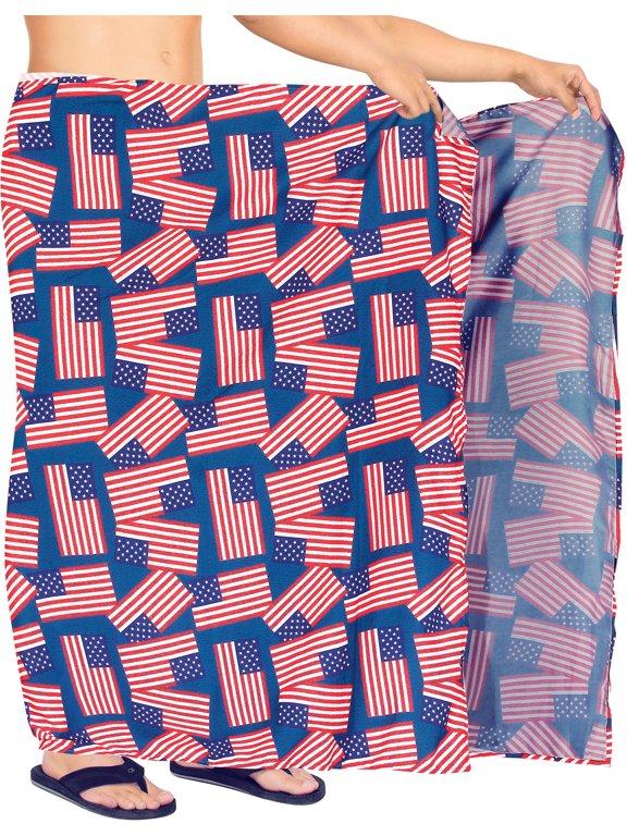 Men's Patriotic 4th of July American Flag Swimwear Summer Sarong Swim Trunk Long Pareo Beach Wrap One Size Ruby, Allover USA Flag Vacation