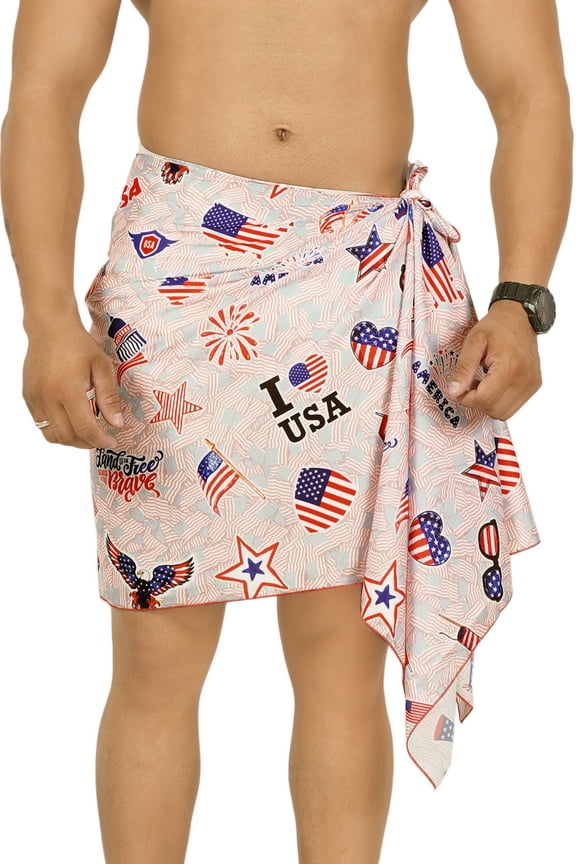 Men's Patriotic 4th of July American USA Flag Swimwear Summer Sarong Swim Trunk Long Pareo Beach Wrap One Size Stripes, Red Vacation