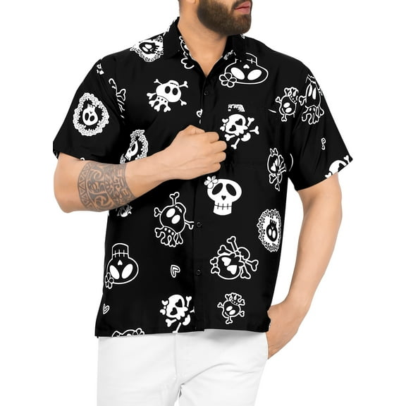 HAPPY BAY Men's Short Sleeve Button Down Summer Caribbean Party Shirt Vacation Costumes Hawaiian Shirts for Men XS Cartoon Skull Vintage Black