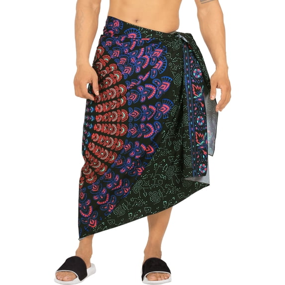 HAPPY BAY Men's Standard Casual Sarong Long Pareo Beach Wrap One Size Ebony, Mandala Summer Vacation Aloha
