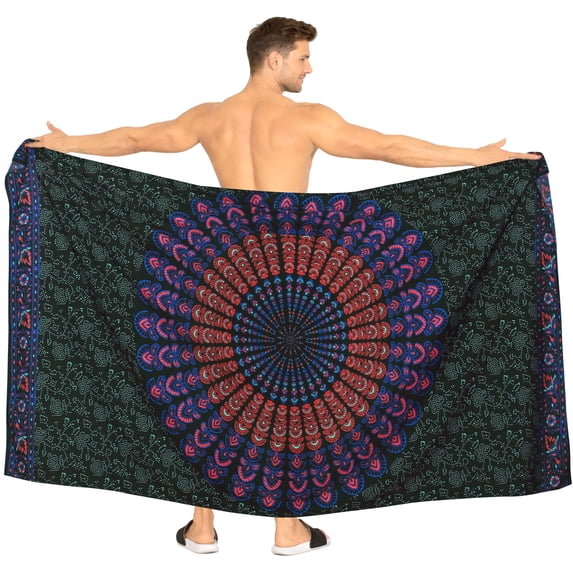HAPPY BAY Men's Standard Casual Sarong Long Pareo Beach Wrap One Size Ebony, Mandala Summer Vacation Aloha