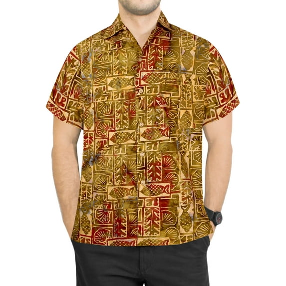 HAPPY BAY Men's Summer Beach Tropical Party Shirts Short Sleeve Button Down Hawaiian Shirt for Men M Aztec, Autumn Gold Vacation Party