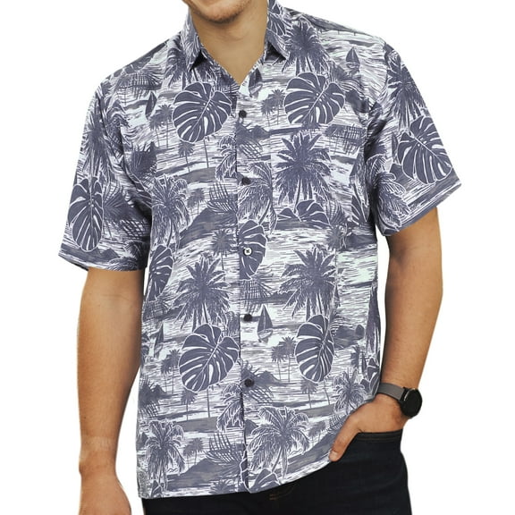 HAPPY BAY Men's Summer Camp Beach Button-Down Hawaiian Shirt M Navy, Leaves Vacation Party