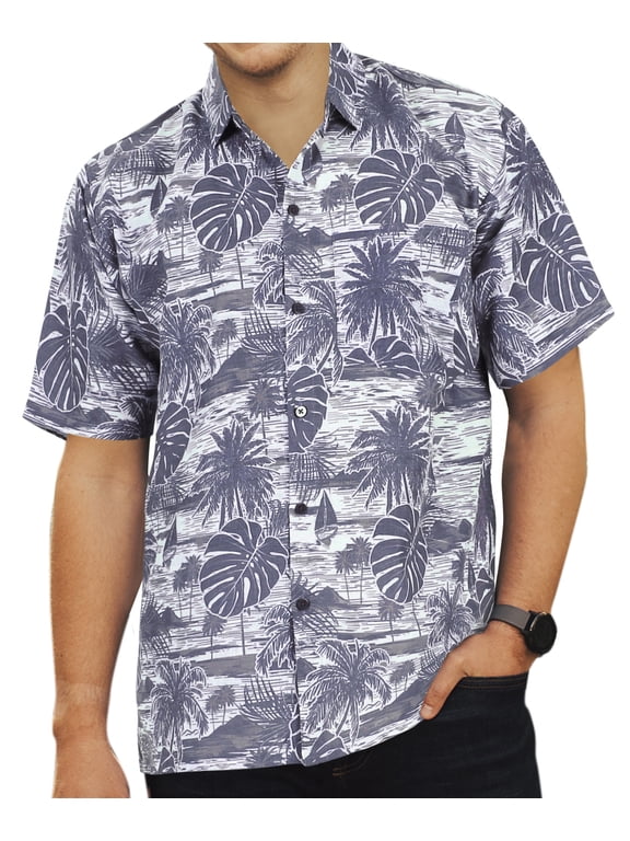 Men's Summer Camp Beach Button-Down Hawaiian Shirt M Navy, Leaves Vacation Party