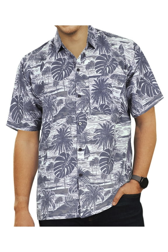 Men's Summer Camp Beach Button-Down Hawaiian Shirt M Navy, Leaves Vacation Party