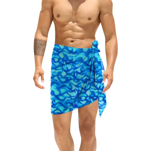 HAPPY BAY Men's Summer Cover Up Hawaiian Swim Trunk Swimwear for Men Vacation Beach Holidays Beachwear Pareo One Size Sea Waves, Blue Vacation